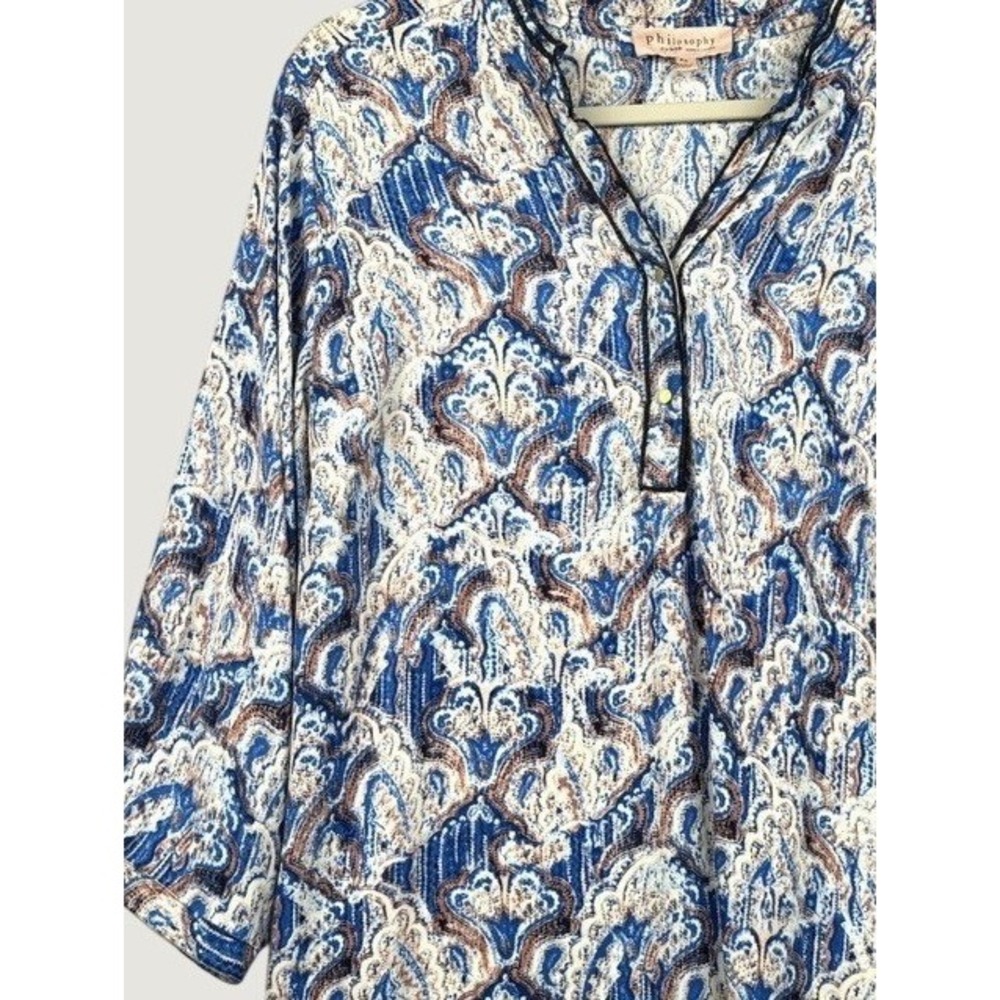 Philosophy Blouse Womens 2X Blue Paisley Henley Roll Tab Sleeve